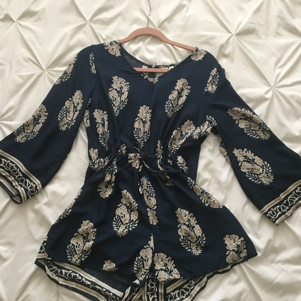 Boho Style Mini Romper - Bell Sleeves (Navy Blue)